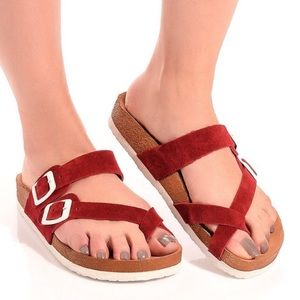 Women's Red Suede Double-Buckle Sandals